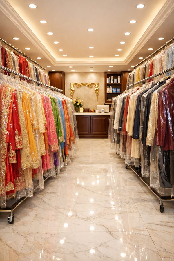 Neatly folded clothes with premium packaging at dry cleaners