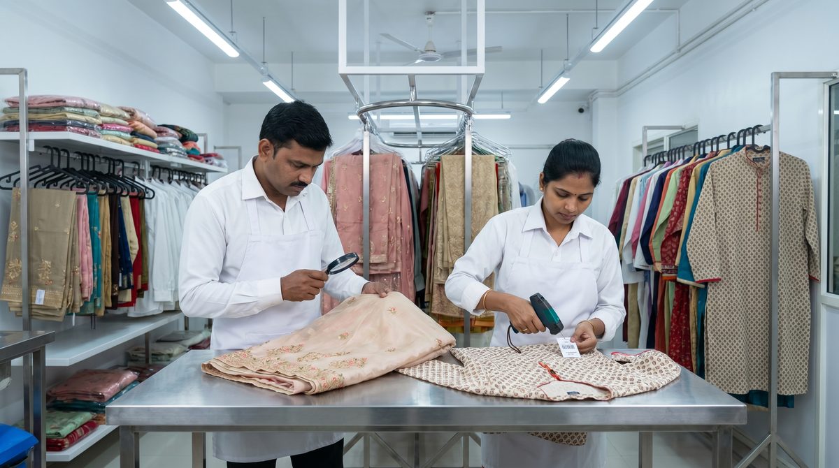 Garment sorting and inspection at dry cleaning facility Keshavpura Kota